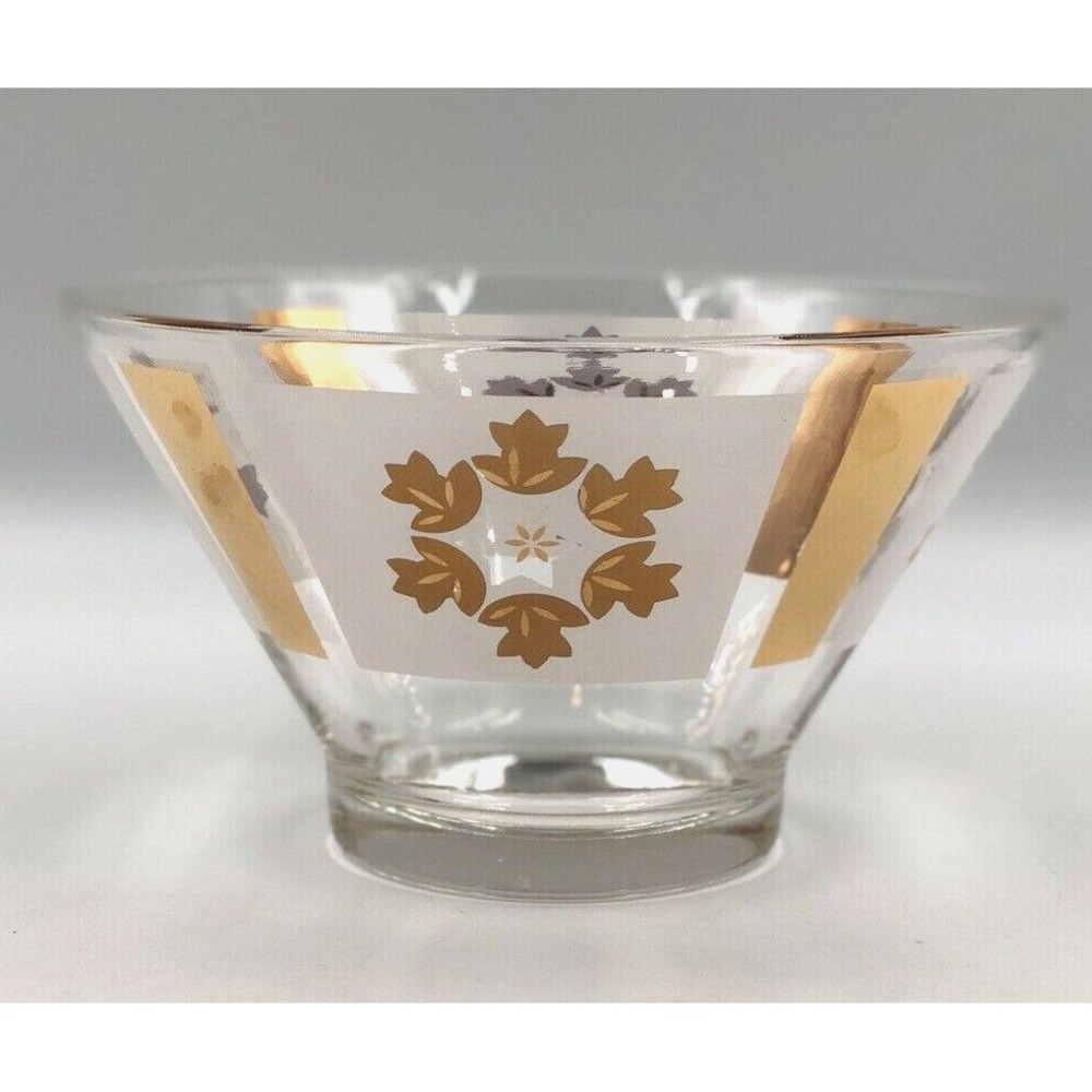 VTG Anchor Hocking Atomic Glass Serving Bowl Gold Frosted Leaf Snowflake MCM